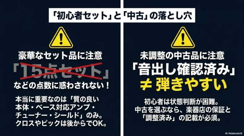 初心者セットは付属品の点数だけで選ばず、中古は調整済みで弾きやすい商品を選ぶことを説明するスライド