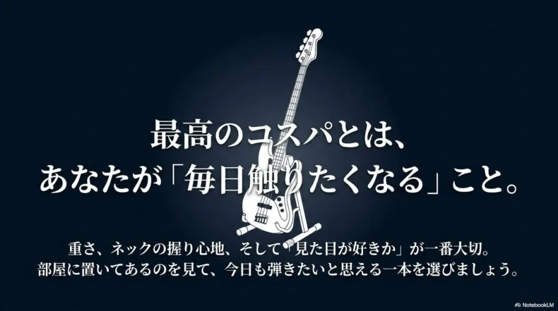 重さやネックの握り心地、見た目を確認し、毎日弾きたくなる一本を選ぶことが最高のコスパだと伝えるスライド