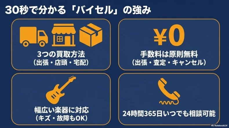 出張・店頭・宅配の3つの買取方法、原則無料の手数料、幅広い楽器への対応、24時間受付というバイセルの特徴