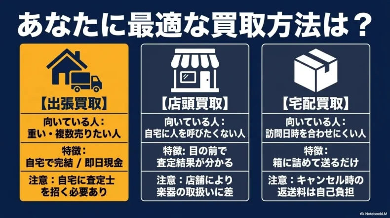 バイセルの出張買取・店頭買取・宅配買取について、向いている人、特徴、注意点を比較した図