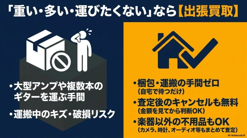 大型アンプや複数のギターを運ぶ手間を省き、自宅で査定を受けられるバイセルの出張買取