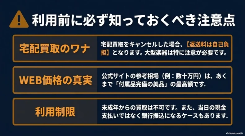 宅配買取キャンセル時の返送料、公式参考価格の条件、未成年者の利用不可や支払方法などの注意点