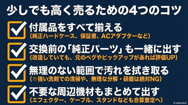 付属品と純正パーツをそろえ、無理のない範囲で清掃し、不要な周辺機材もまとめて査定に出すポイント