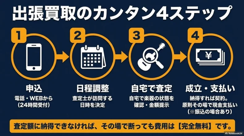 電話またはウェブでの申込み、日程調整、自宅での査定、契約と支払いまでの出張買取の流れ
