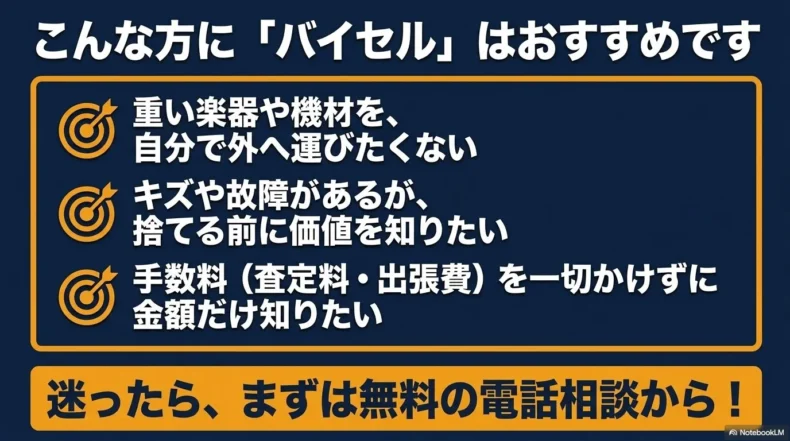 重い楽器を運びたくない人、キズや故障した楽器の価値を知りたい人、無料で査定額を確認したい人にバイセルがおすすめ