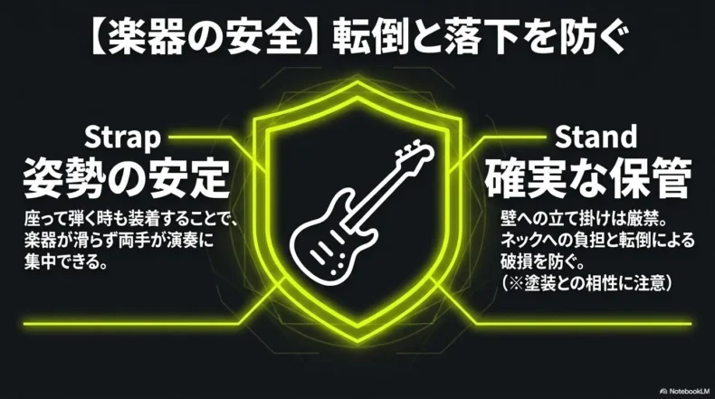 ストラップで演奏姿勢を安定させスタンドでベースの転倒や落下を防ぐ方法