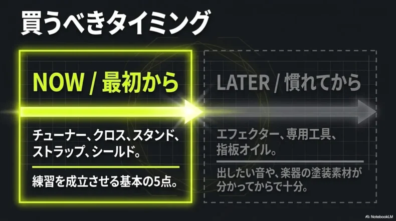 チューナーやクロスなど最初に必要な小物とエフェクターなど後から追加する用品