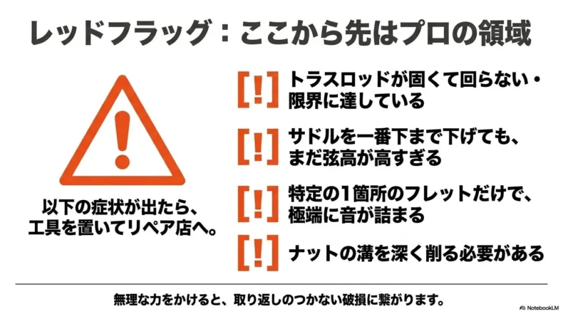 へ任せる症状 トラスロッドが回らない、サドルを下げても弦高が高い、特定フレットで音が詰まるなどの危険な症状