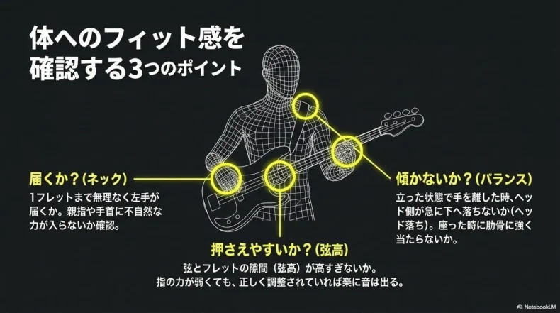ネックへの届きやすさ、弦高、ボディバランスを確認する方法