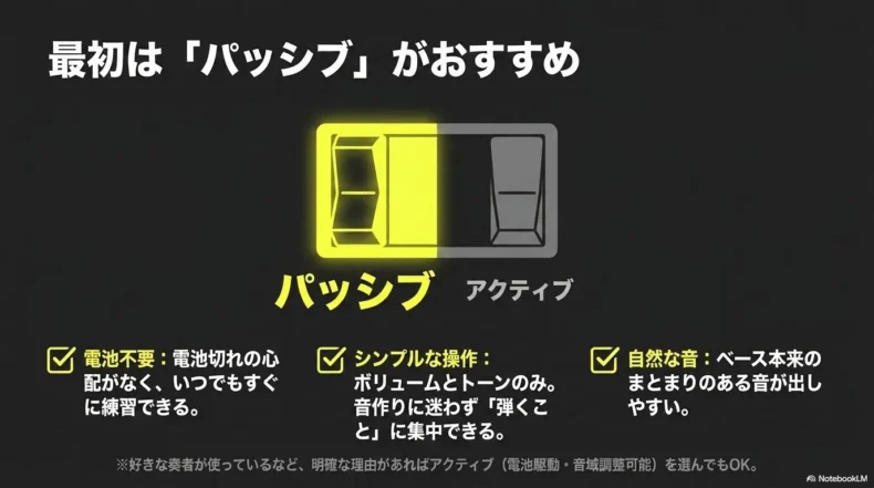 パッシブベースの電池不要、簡単な操作、自然な音という特徴を説明