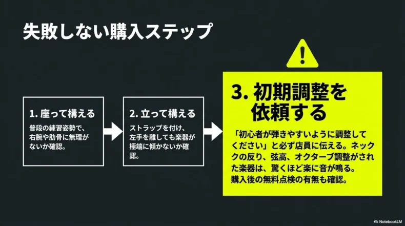 座奏と立奏で構えやすさを確認し、購入時に初期調整を依頼する手順