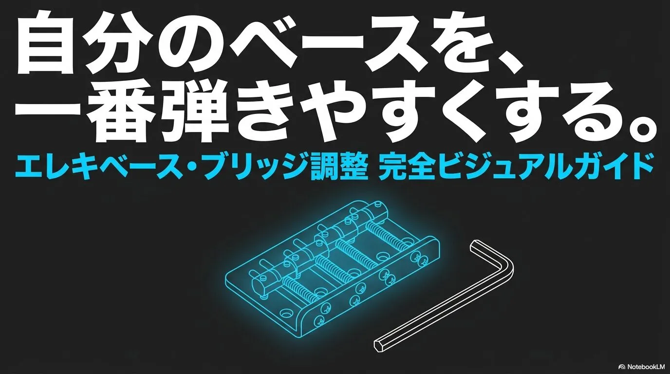 エレキベースのブリッジと六角レンチを示したブリッジ調整の解説画像