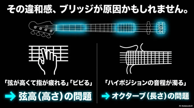 弦が高く押さえにくい症状とハイポジションの音程ずれを比較した画像