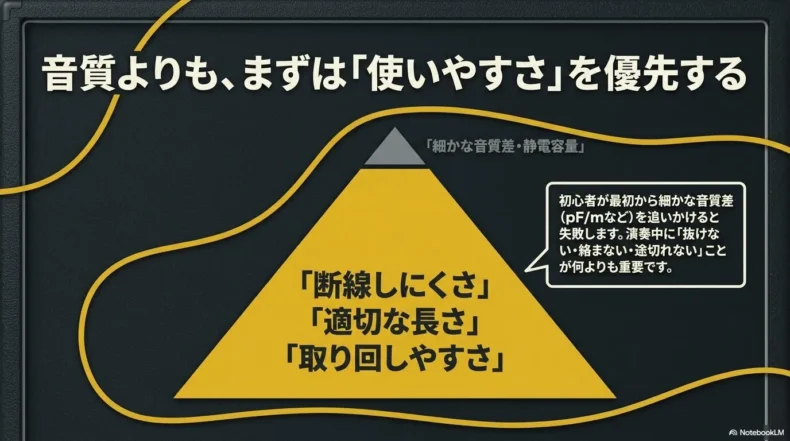 音質より断線しにくさ、適切な長さ、取り回しやすさを優先する選び方
