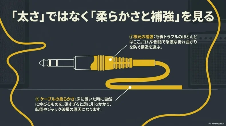 太さだけでなくケーブルの柔らかさとプラグ根元の補強を確認する方法