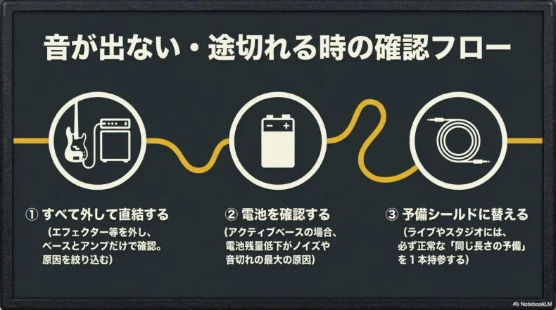 機材を外して直結し、電池と予備シールドを確認する音切れの切り分け手順