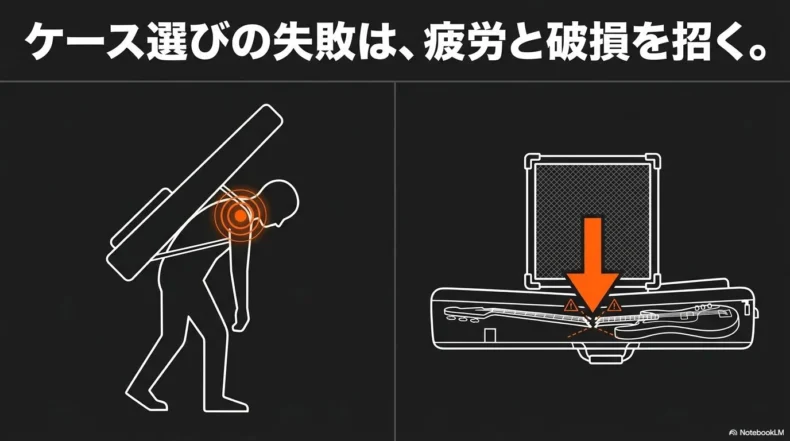 重さによる疲労やケース破損のリスクを示したイラスト