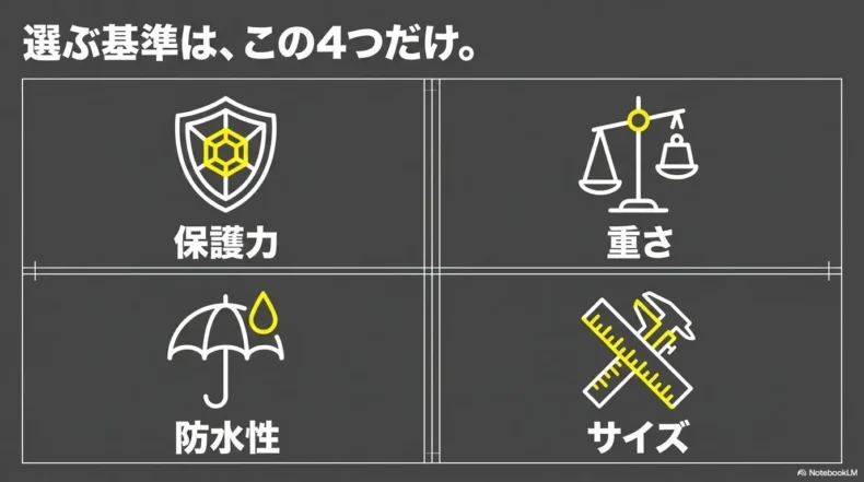 ソフト・セミハード・ハードケースの特徴を比較した一覧表