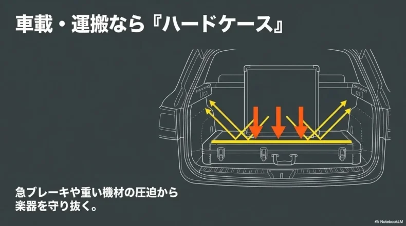 車載時にハードケースが衝撃や荷重から楽器を守るイメージ図