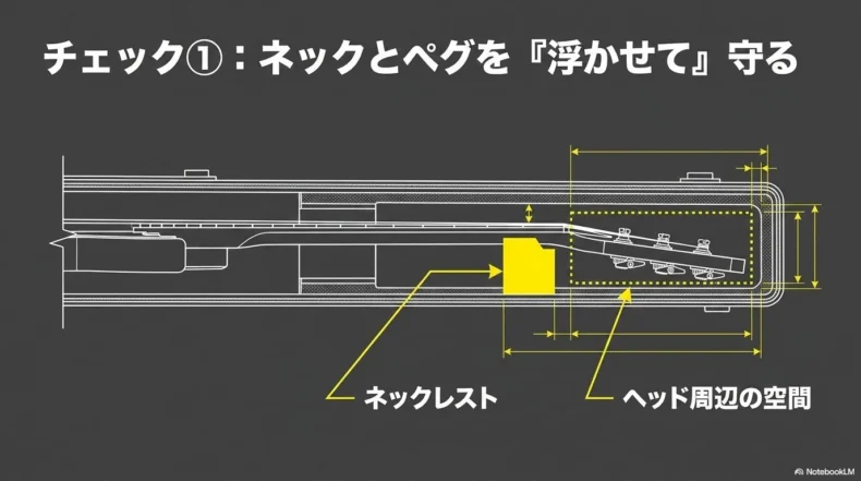 ネックレストとヘッド周辺の空間を確保する内部構造の図