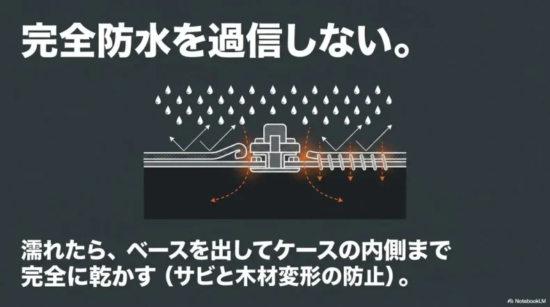 ケースの防水性や雨天時の取り扱いポイントをまとめた図