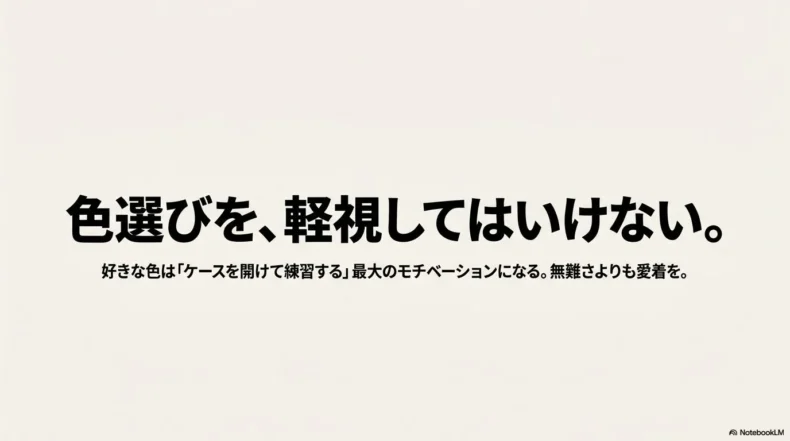 エレキベースの色選びを軽視せず、好きな色が練習のモチベーションと愛着につながることを示す説明