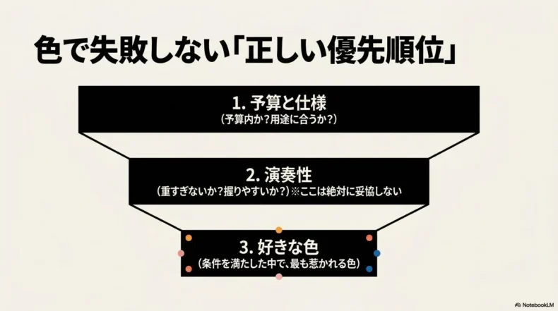 エレキベース選びの優先順位を、予算と仕様、演奏性、好きな色の順に示す図