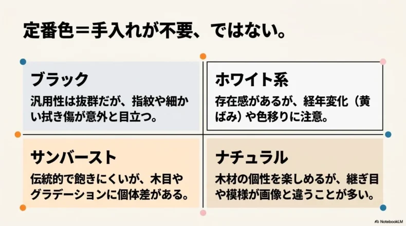 ブラック、ホワイト系、サンバースト、ナチュラルの特徴と注意点を比較した表