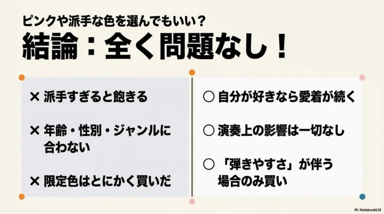 ピンクや派手な色も、弾きやすさを満たせば問題なく選べることを示す比較