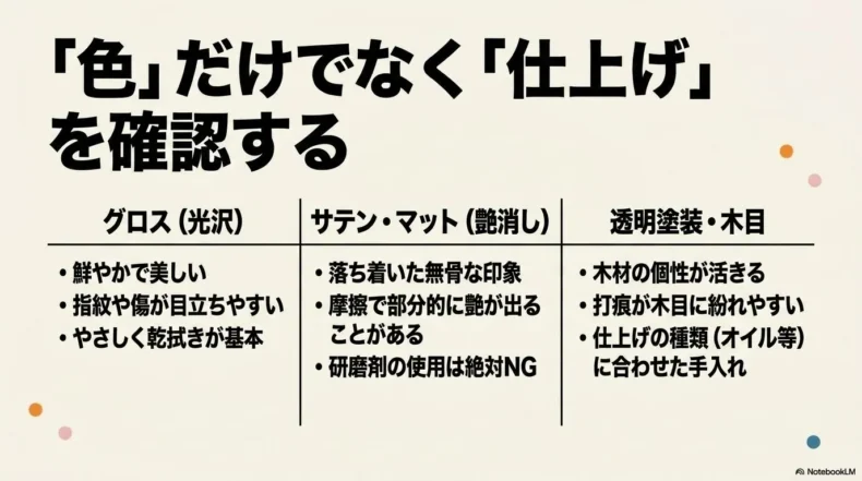 グロス、サテン・マット、透明塗装・木目の特徴と手入れ方法の比較