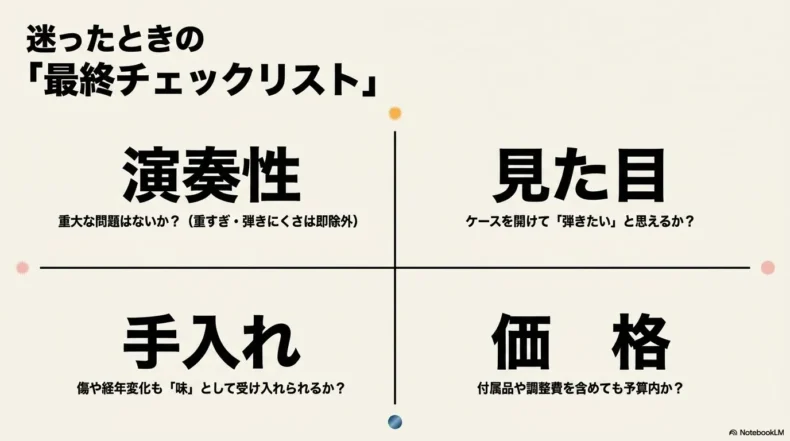 演奏性、見た目、手入れ、価格の四項目で確認する購入前チェックリスト