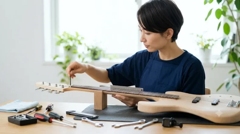 工具と定規を使い、組み立てたエレキベースのネック周辺を調整している様子