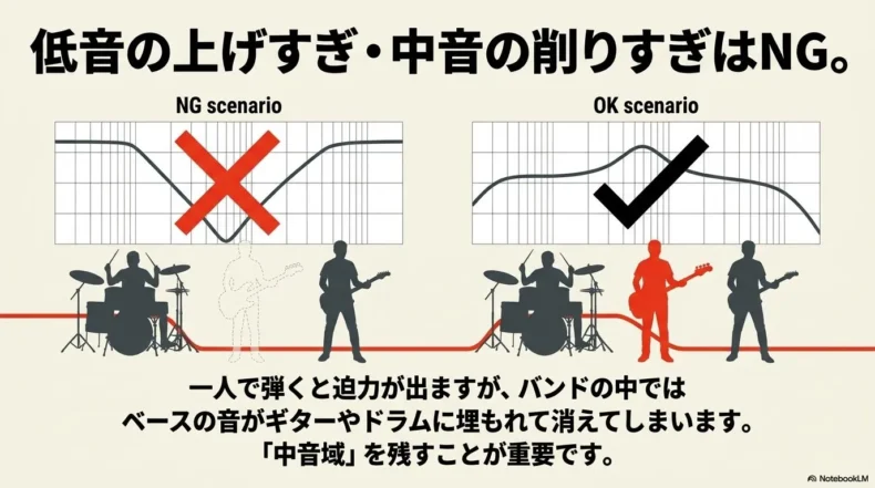 低音過多と中音削りすぎのNG例と、中音域を残すOK例の比較図