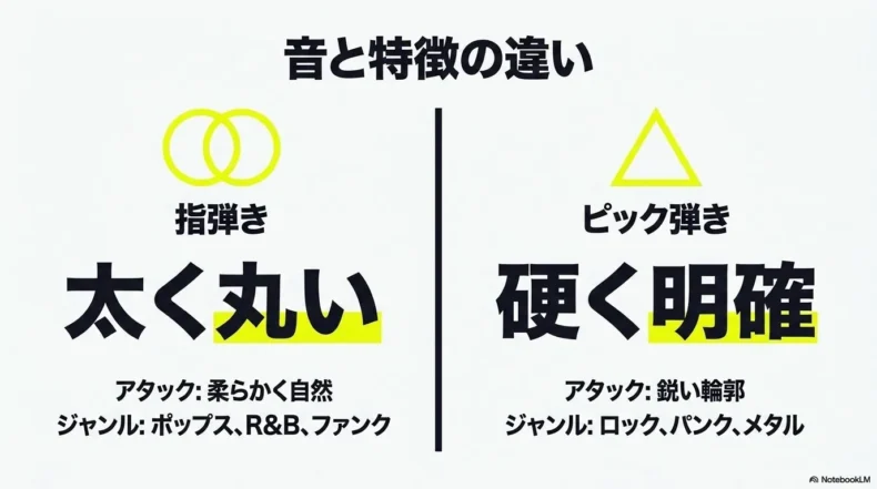 指弾きの太く丸い音と柔らかなアタック、ピック弾きの硬く明確な音と鋭い輪郭を比較している