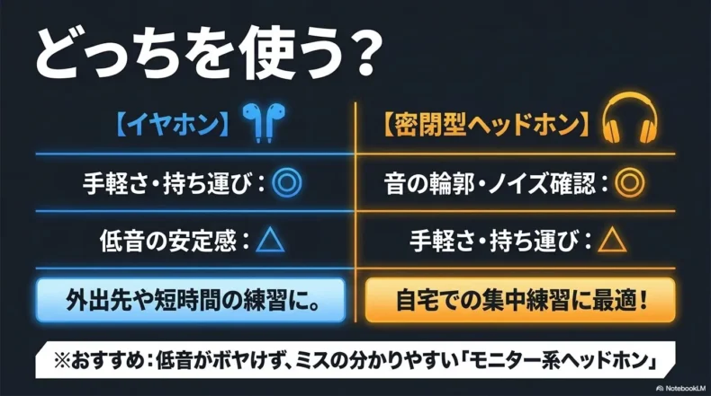 持ち運びに便利なイヤホンと自宅での集中練習に適した密閉型ヘッドホンの違い