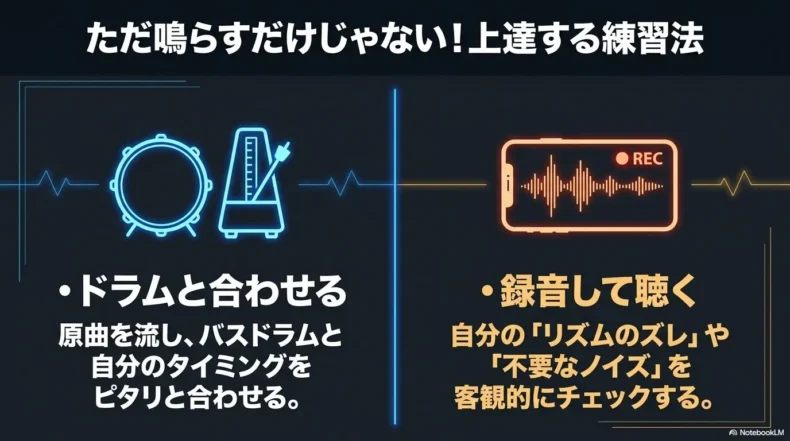 ドラム音源に合わせる練習と自分の演奏を録音してリズムやノイズを確認する方法