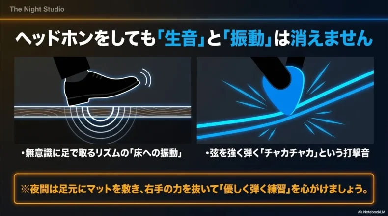 足で取るリズムの床振動と弦を強く弾いたときの打撃音はヘッドホンでも消えないことを示す図