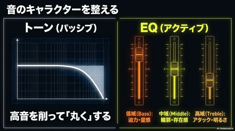 パッシブトーンは高音を削り、アクティブEQは低域中域高域を調整する