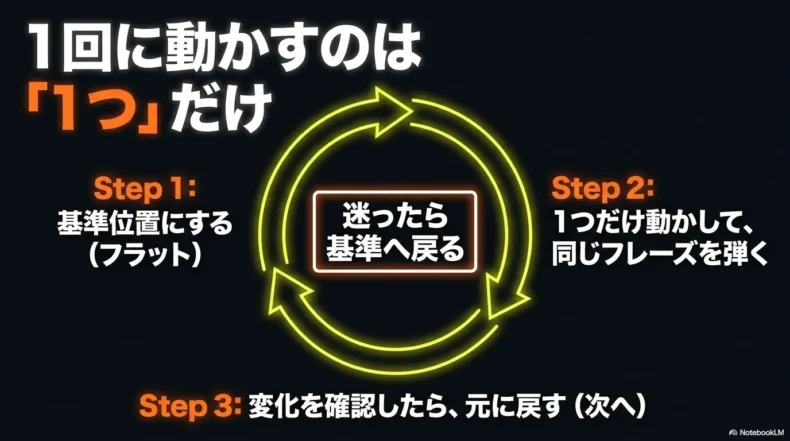 基準位置に戻しながら一度に一つのつまみだけを動かして確認する手順