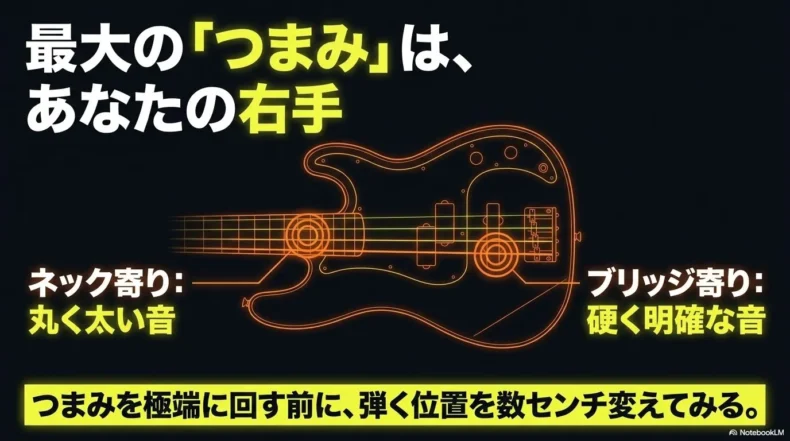 ネック寄りは丸く太い音、ブリッジ寄りは硬く明確な音になる弾く位置
