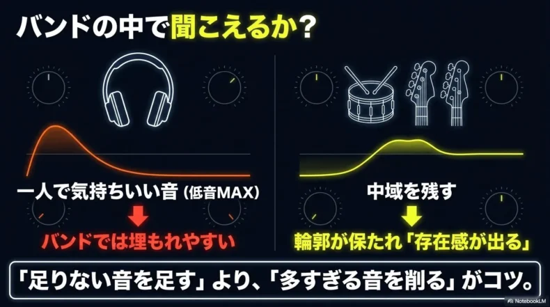 低音最大はバンドで埋もれやすく、中域を残すと輪郭と存在感が出る比較