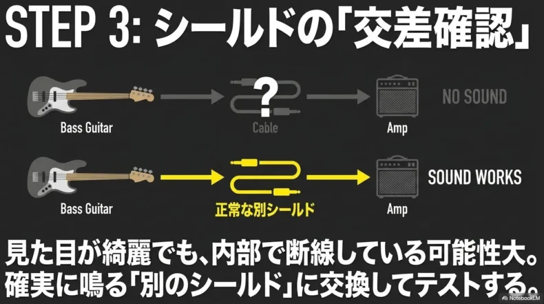 ベースとアンプを正常な別シールドでつなぎ、ケーブル断線を交差確認する手順