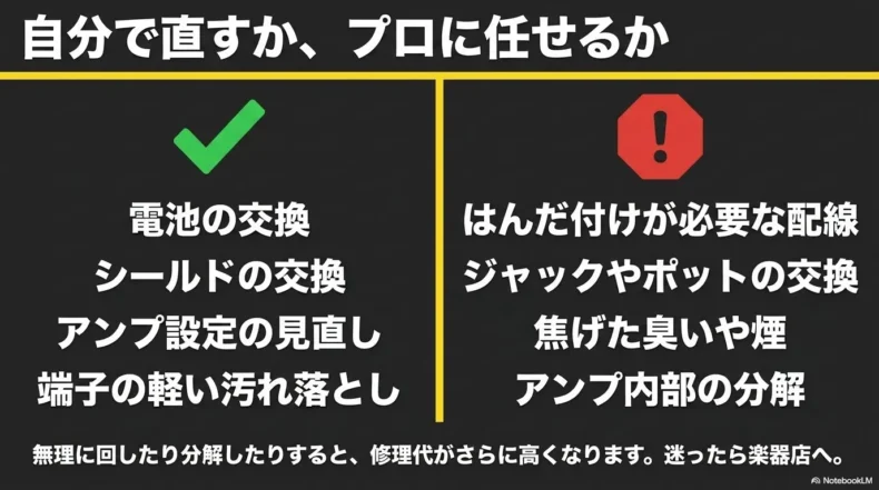 電池やシールド交換など自分でできる作業と、配線やアンプ内部など専門家へ任せる作業
