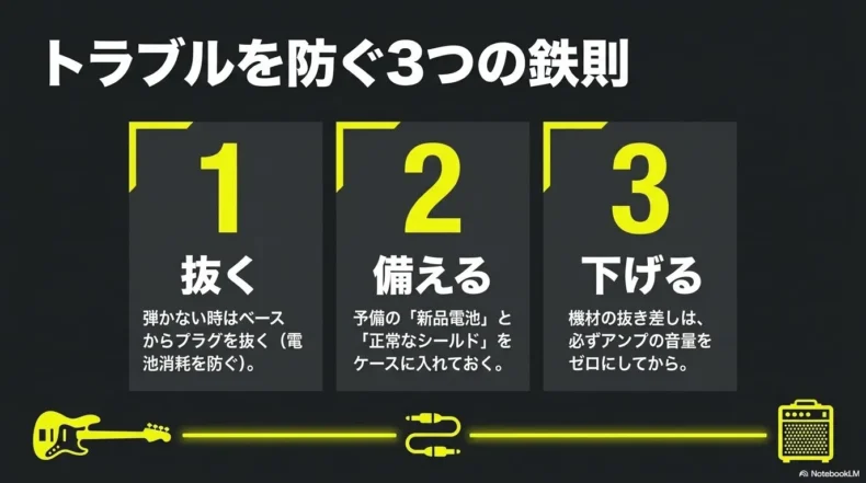 演奏後にプラグを抜く、予備電池とシールドを備える、抜き差し前に音量を下げる三原則