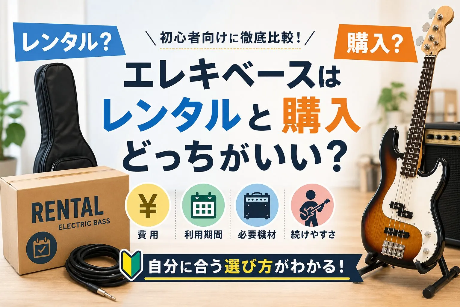 レンタルの箱と購入するエレキベースを並べ、費用や利用期間、必要機材を比較する構成