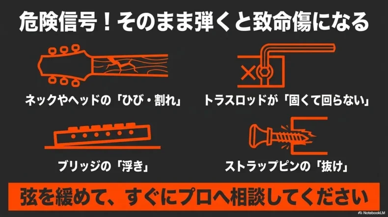 ネックの割れや固いトラスロッドなど演奏を止めるべき危険信号