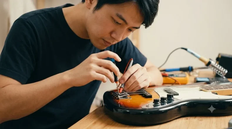 作業台でエレキベースのブリッジ周辺を工具で点検する様子