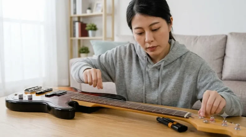 自宅のテーブルでクロスを使いエレキベースの弦と本体を清掃する様子