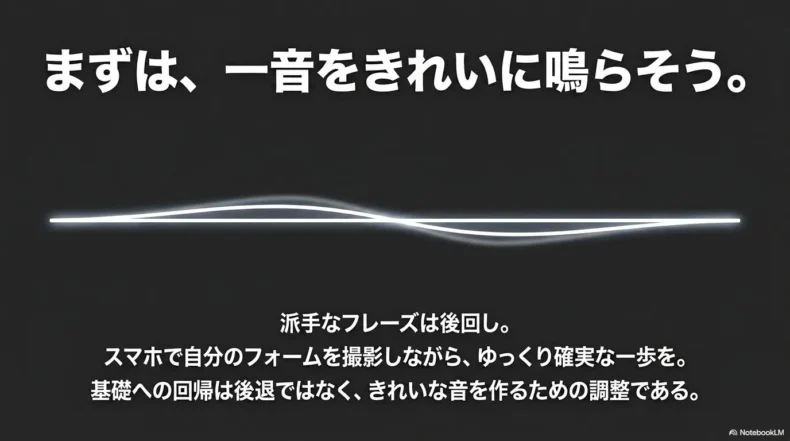 スマートフォンでフォームを確認しながら、一音をゆっくり確実に鳴らす重要性を伝えている