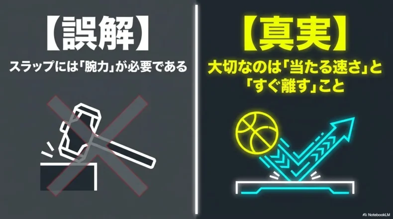 腕力で強く叩くのではなく、弦へ素早く当ててすぐ離すことが重要だと比較している